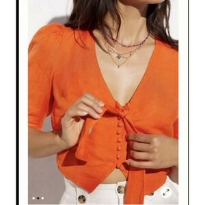 Anthropologie Maeve Womens Crop Top Tie Front Linen Blend Orange Button Up